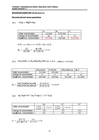 TV30003 PENGENALAN KIMIA ANALISIS DAN FIZIKAL
SAINS KOHORT 1
12
REVISION EXERCISE 10 (Section C)
Structured and essay questions
10.1
Initial concentration 1.0 mol 0.75 mol -
Change of concentration -2x -x +x
Equilibrium concentration 0.7 mol 0.6 mol 0.15 mol
0.75 – x = 0.6 => x = 0.75 – 0.6 = 0.15
10.2 , where x = 0.2 mol
Initial concentration 1.0 mol 5.0 mol - -
Change of concentration -x -x +x +x
Equilibrium concentration 0.8 mol 4.8 mol 0.2 mol 0.2 mol
10.3
Ag+
Fe2+
Fe3+
Initial concentration -
Change of concentration -0.2 -0.2 +0.2
Equilibrium concentration 0.3 0.3 0.2
 