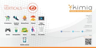 KIMIA
VERTICALS
Visit:
http://kimia.mobi
Follow us:
Health &
beauty
E-Commerce Video
streaming
Sweepstakes Nutra
Mobile content
Binary/Forex
Dating Pin submit
Finance
Games
1 2ABC
3DEF
5JKL
4GHI
6MNO
8TUV
7PQRS
9WXYZ
0 #
Oﬃces in:
Madrid
Barcelona
Mumbai
Shanghai
Singapore
Contact us:
info@kimia.mobi
/kimiasolutions /company/kimia/KimiaMobi
PREMIUM ONLINE ADVERTISING
 