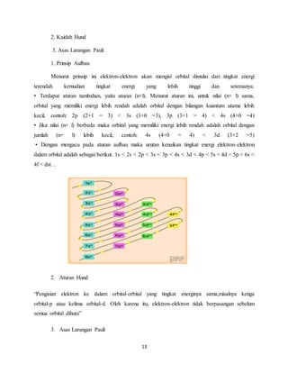13
2. Kaidah Hund
3. Asas Larangan Pauli
1. Prinsip Aufbau
Menurut prinsip ini elektron-elektron akan mengisi orbital dimulai dari tingkat energi
terendah kemudian tingkat energi yang lebih tinggi dan seterusnya.
• Terdapat aturan tambahan, yaitu aturan (n+l). Menurut aturan ini, untuk nilai (n+ l) sama,
orbital yang memiliki energi lebih rendah adalah orbital dengan bilangan kuantum utama lebih
kecil, contoh: 2p (2+1 = 3) < 3s (3+0 =3), 3p (3+1 = 4) < 4s (4+0 =4)
• Jika nilai (n+ l) berbeda maka orbital yang memiliki energi lebih rendah adalah orbital dengan
jumlah (n+ l) lebih kecil, contoh: 4s (4+0 = 4) < 3d (3+2 =5)
• Dengan mengacu pada aturan aufbau maka urutan kenaikan tingkat energi elektron-elektron
dalam orbital adalah sebagai berikut. 1s < 2s < 2p < 3s < 3p < 4s < 3d < 4p < 5s < 4d < 5p < 6s <
4f < dst…
2. Aturan Hund
“Pengisian elektron ke dalam orbital-orbital yang tingkat energinya sama,misalnya ketiga
orbital-p atau kelima orbital-d. Oleh karena itu, elektron-elektron tidak berpasangan sebelum
semua orbital dihuni”
3. Asas Larangan Pauli
 