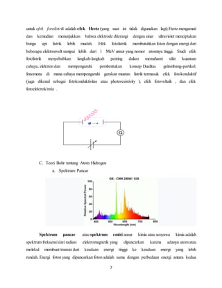 7
untuk efek fotolistrik adalah efek Hertz (yang saat ini tidak digunakan lagi).Hertz mengamati
dan kemudian menunjukkan bahwa elektrode diterangi dengan sinar ultraviolet menciptakan
bunga api listrik lebih mudah. Efek fotolistrik membutuhkan foton dengan energi dari
beberapa elektronvolt sampai lebih dari 1 MeV unsur yang nomor atomnya tinggi. Studi efek
fotolistrik menyebabkan langkah-langkah penting dalam memahami sifat kuantum
cahaya, elektron dan mempengaruhi pembentukan konsep Dualitas gelombang-partikel.
fenomena di mana cahaya mempengaruhi gerakan muatan listrik termasuk efek fotokonduktif
(juga dikenal sebagai fotokonduktivitas atau photoresistivity ), efek fotovoltaik , dan efek
fotoelektrokimia .
C. Teori Bohr tentang Atom Hidrogen
a. Spektrum Pancar
Spektrum pancar atau spektrum emisi unsur kimia atau senyawa kimia adalah
spektrum frekuensi dari radiasi elektromagnetik yang dipancarkan karena adanya atom atau
molekul membuat transisi dari keadaan energi tinggi ke keadaan energi yang lebih
rendah. Energi foton yang dipancarkan foton adalah sama dengan perbedaan energi antara kedua
 