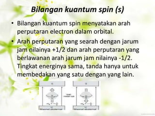 Bilangan kuantum spin (s)
• Bilangan kuantum spin menyatakan arah
  perputaran electron dalam orbital.
• Arah perputaran yang searah dengan jarum
  jam nilainya +1/2 dan arah perputaran yang
  berlawanan arah jarum jam nilainya -1/2.
  Tingkat energinya sama, tanda hanya untuk
  membedakan yang satu dengan yang lain.
 