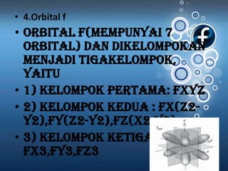 • 4.Orbital f
• Orbital f(mempunyai 7
  orbital) dan dikelompokan
  menjadi tigakelompok,
  yaitu
• 1) kelompok pertama: fxyz
• 2) kelompok kedua : fx(z2-
  y2),fy(z2-y2),fz(x2-y2)
• 3) kelompok ketiga :
  fx3,fy3,fz3
 
