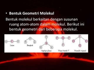 • Bentuk Geometri Molekul
Bentuk molekul berkaitan dengan susunan
  ruang atom-atom dalam molekul. Berikut ini
  bentuk geometri dari beberapa molekul.
 