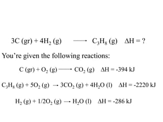 3C (gr) + 4H2 (g)                  C3H8 (g)     H=?

You’re given the following reactions:
      C (gr) + O2 (g)        CO2 (g)     H = -394 kJ

C3H8 (g) + 5O2 (g)      3CO2 (g) + 4H2O (l)      H = -2220 kJ

     H2 (g) + 1/2O2 (g)     H2O (l)     H = -286 kJ
 
