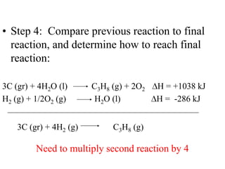 • Step 4: Compare previous reaction to final
  reaction, and determine how to reach final
  reaction:

3C (gr) + 4H2O (l)      C3H8 (g) + 2O2   H = +1038 kJ
H2 (g) + 1/2O2 (g)       H2O (l)         H = -286 kJ


    3C (gr) + 4H2 (g)        C3H8 (g)

         Need to multiply second reaction by 4
 
