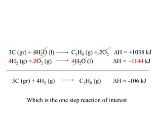 3C (gr) + 4H2O (l)       C3H8 (g) + 2O2     H = +1038 kJ
4H2 (g) + 2O2 (g)        4H2O (l)           H = -1144 kJ


 3C (gr) + 4H2 (g)           C3H8 (g)       H = -106 kJ


       Which is the one step reaction of interest
 