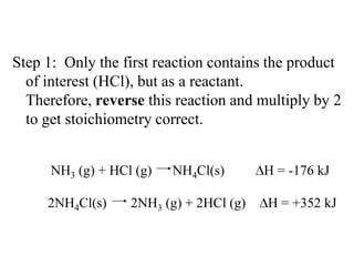 Step 1: Only the first reaction contains the product
  of interest (HCl), but as a reactant.
  Therefore, reverse this reaction and multiply by 2
  to get stoichiometry correct.


      NH3 (g) + HCl (g)   NH4Cl(s)       H = -176 kJ

     2NH4Cl(s)     2NH3 (g) + 2HCl (g)   H = +352 kJ
 