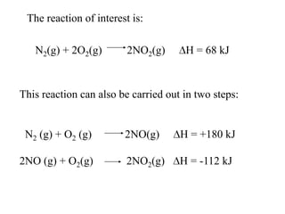 The reaction of interest is:

   N2(g) + 2O2(g)        2NO2(g)      H = 68 kJ


This reaction can also be carried out in two steps:


 N2 (g) + O2 (g)        2NO(g)       H = +180 kJ

2NO (g) + O2(g)         2NO2(g)      H = -112 kJ
 