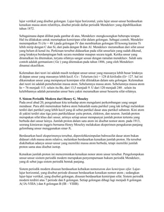 lajur vertikal yang disebut golongan. Lajur-lajur horizontal, yaitu lajur unsur-unsur berdasarkan
kenaikan massa atom relatifnya, disebut priode daftar periodik Mendeleev yang dipublikasikan
tahun 1872.
Sebagaimana dapat dilihat pada gambar di atas, Mendeleev mengkosongkan beberapa tempat.
Hal itu dilakukan untuk menetapkan kemiripan sifat dalam golongan. Sebagai contoh, Mendelev
menempatkan Ti (Ar = 48 ) pada golongan IV dan membiarkan golongan III kosong karena Ti
lebih mirip dengan C dan Si, dari pada dengan B dan Al. Mendeleev meramalkan dari sifat unsur
yang belum di kenal itu. Perkiraan tersebut didasarkan pada sifat unsurlain yang sudah dikenal,
yang letaknya berdampingan baik secara mendatar maupun secara tegak. Ketika unsur yang
diramalkan itu ditemukan, teryata sifatnya sangat sesuai dengan ramalan mendeleev. Salah satu
contoh adalah germanium ( Ge ) yang ditemukan pada tahun 1886, yang oleh Mendeleev
dinamai ekasilikon.
Kelemahan dari teori ini adalah masih terdapat unsur-unsur yang massanya lebih besar letaknya
di depan unsur yang massanya lebih kecil. Co : Telurium (te) = 128 di kiriIodin (I)= 127. hal ini
dikarenakan unsur yang mempunyai kemirpan sifat diletakkan dalam satu golongan. Kelemahan
dari teori ini adalah pemebetulan massa atom. Sebelumnya massa atom. Sebelumnya massa atom
In = 76 menjadi 113. selain itu Be, dari 13,5 menjadi 9. U dari 120 menjadi 240 . selain itu
kelebihannya adalah peramalan unsur baru yakni meramalkan unsur beseerta sifat-sifatnya.
5. Sistem Periodik Modern dari Henry G. Moseley
Pada awal abad 20, pengetahuan kita terhadap atom mengalami perkembangan yang sangat
mendasar. Para ahli menemukan bahwa atom bukanlah suatu partikel yang tak terbagi melainkan
terdiri dari partikel yang lebih kecil yang di sebut partikel dasar atau partikel subatom. Kini atom
di yakini terdiri atas tiga jenis partikeldasar yaitu proton, elektron, dan neuron. Jumlah proton
merupakan sifat khas dari unsur, artinya setiap unsur mempunyai jumlah proton tertentu yang
berbeda dari unsur lainya. Jumlah proton dalam satu atom ini disebut nomor atom. pada 1913,
seorang kimiawan inggris bernama Henry Moseley melakukan eksperimen pengukuran panjang
gelombang unsur menggunakan sinar-X.
Berdasarkan hasil eksperimenya tersebut, diperolehkesimpulan bahwasifat dasar atom bukan
didasari oleh massa atom relative, melainkan berdasarkan kenaikan jumlah proton. Ha tersebut
diakibatkan adanya unsur-unsur yang memiliki massa atom berbeda, tetapi memiliki jumlah
proton sama atau disebut isotop.
Kenaikan jumlah proton ini mencerminkan kenaikan nonor atom unsur tersebut. Pengelompokan
unsur-unsur sisitem periodik modern merupakan penyempurnaan hukum periodik Mendeleev,
yang di sebut juga sistem periodik bentuk panjang.
Sistem periodik modern disusun berdasarkan kebaikan nomoratom dan kemiripan sifat. Lajur-
lajur horizontal, yang disebut periode disusun berdasarkan kenaikan nomor atom ; sedangkan
lajur-lajur vertikal, yang disebut golongan, disusun berdasarkan kemiripan sifat. Sistem periodik
modern terdriri atas 7 periode dan 8 golongan. Setiap golongan dibagi lagi menjadi 8 golongan
A( IA-VIIIA ) dan 8 golongan B (IB – VIIIB).
 
