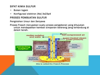 SIFAT KIMIA SULFUR
• Bukan logam
• Konfigurasi elektron [Ne] 3s23p4
PROSES PEMBUATAN SULFUR
Pengolahan Unsur dan Senyawa
Proses Frasch merupakan suatu proses pengeboran yang ditujukan
untuk mendapatkan kembali simpanan belerang yang terkandung di
dalam tanah.
 