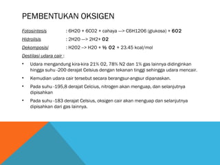 PEMBENTUKAN OKSIGEN
Fotosintesis : 6H2O + 6CO2 + cahaya ---> C6H12O6 (glukosa) + 6O2
Hidrolisis : 2H2O ---> 2H2+ O2
Dekomposisi : H2O2 --> H2O + ½ O2 + 23.45 kcal/mol
Destilasi udara cair :
• Udara mengandung kira-kira 21% O2, 78% N2 dan 1% gas lainnya didinginkan
hingga suhu -200 derajat Celsius dengan tekanan tinggi sehingga udara mencair.
• Kemudian udara cair tersebut secara berangsur-angsur dipanaskan.
• Pada suhu -195,8 derajat Celcius, nitrogen akan menguap, dan selanjutnya
dipisahkan
• Pada suhu -183 derajat Celsius, oksigen cair akan menguap dan selanjutnya
dipisahkan dari gas lainnya.
 