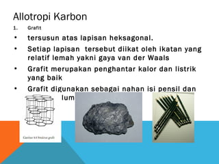 Allotropi Karbon
1. Grafit
• tersusun atas lapisan heksagonal.
• Setiap lapisan tersebut diikat oleh ikatan yang
relatif lemah yakni gaya van der Waals
• Grafit merupakan penghantar kalor dan listrik
yang baik
• Grafit digunakan sebagai nahan isi pensil dan
bahan pelumas.
 