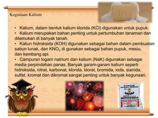 Kegunaan Kalium 
• Kalium, dalam bentuk kalium klorida (KCl) digunakan untuk pupuk. 
• Kalium merupakan bahan penting untuk pertumbuhan tanaman dan 
ditemukan di banyak tanah. 
• Kaliun hidroksida (KOH) digunakan sebagai bahan dalam pembuatan 
sabun lunak, dan KNO3 di gunakan sebagai bahan pupuk, mesiu, 
dan kembang api. 
• Campuran logam natrium dan kalium (NaK) digunakan sebagai 
media perpindahan panas. Banyak garam-garam kalium seperti 
hidroksida, nitrat, karbonat, klorida, klorat, bromida, ioda, sianida, 
sulfat, kromat dan dikromat sangat penting untuk banyak kegunaan. 
 