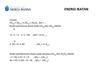 ENERGI IKATAN
Contoh :
CH4(g) + 2O2(g) → CO2(g) + 2H2O(l) ∆Hr = …
Reaksi pemutusan ikatan pada CH4(g) dan 2O2(g) adalah:
H
H – C – H → C + 4H ; ∆H1 = 4 x Ec – H
H
2. 2O = O → 4O ; ∆H2 = 2 x EO=O
Reaksi pembentukan ikatan pada senyawa CO2(g) dan 2H2O(l) adalah:
C + 2O → O = C = O ; ∆H3 = - (2EC=O)
4H + 2O → (2H – O – H) ; ∆H4 = - (4EO-H)
 