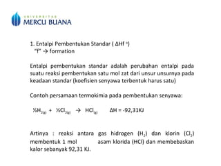 1. Entalpi Pembentukan Standar ( ΔHf o
)
“f” → formation
Entalpi pembentukan standar adalah perubahan entalpi pada
suatu reaksi pembentukan satu mol zat dari unsur unsurnya pada
keadaan standar (koefisien senyawa terbentuk harus satu)
Contoh persamaan termokimia pada pembentukan senyawa:
½H2(g) + ½Cl2(g) → HCl(g) ΔH = -92,31KJ
Artinya : reaksi antara gas hidrogen (H2) dan klorin (Cl2)
membentuk 1 mol asam klorida (HCl) dan membebaskan
kalor sebanyak 92,31 KJ.
 