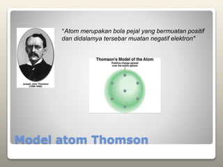 Model atom Thomson
"Atom merupakan bola pejal yang bermuatan positif
dan didalamya tersebar muatan negatif elektron"
 