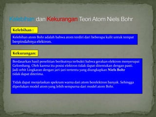 Kelebihan :
Kelebihan atom Bohr adalah bahwa atom terdiri dari beberapa kulit untuk tempat

berpindahnya elektron.
Kekurangan:
Berdasarkan hasil penelitian berikutnya terbukti bahwa gerakan elektron menyerupai
Gelombang. Oleh karena itu posisi elektron tidak dapat ditentukan dengan pasti.
Jadi orbit Lingkaran dengan jari-jari tertentu yang diungkapkan Niels Bohr
tidak dapat diterima.
Tidak dapat menjelaskan spekrum warna dari atom berelektron banyak. Sehingga
diperlukan model atom yang lebih sempurna dari model atom Bohr.

 