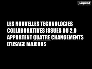 LES NOUVELLES TECHNOLOGIES
COLLABORATIVESConsulting DU 2.0
            Kimind
                   ISSUES
APPORTENT QUATRE CHANGEMENTS
D’USAGE MAJEURS


           (c) 2011 - Miguel Membrado - Kimind – http://www.kimind.fr
 