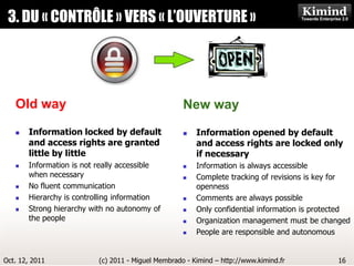 3. DU « CONTRÔLE » VERS « L’OUVERTURE »
                      Kimind Consulting




   Old way                                          New way
      Information locked by default                   Information opened by default
       and access rights are granted                    and access rights are locked only
       little by little                                 if necessary
      Information is not really accessible            Information is always accessible
       when necessary                                  Complete tracking of revisions is key for
      No fluent communication                          openness
      Hierarchy is controlling information            Comments are always possible
      Strong hierarchy with no autonomy of            Only confidential information is protected
       the people                                      Organization management must be changed
                                                       People are responsible and autonomous


Oct. 12, 2011             (c) 2011 - Miguel Membrado - Kimind – http://www.kimind.fr          16
 