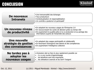 CONCLUSION                     Kimind Consulting



                             • Une transversalité des échanges
         De nouveaux         • Tous producteurs
          Intranets          • Contextualisation et responsabilisation
                             • Un contrôle a posteriori et participatif


                             • En adoptant les nouveaux usages de l’Entreprise 2.0
    Un nouveau niveau        • En raccourcissant les cycles de décision grâce au temps réel
     de productivité         • En augmentant la qualité grâce à la co-production et au partage des
                               informations auprès de l’ensemble des acteurs



       Une nouvelle          • En adoptant des usages participatifs et collaboratifs
   stratégie de gestion      • En favorisant l’émergence des talents et des compétences
                             • En augmentant l’intelligence collective
    des connaissances

      Ne tardez pas à        • L’évolution doit se faire le plus rapidement possible car
                             • … il y a une courbe d’apprentissage
        adopter les          • … les bénéfices sont très importants
     nouveaux usages         • … les utilisateurs avancés et les GenY l’exigent




Oct. 12, 2011      (c) 2011 - Miguel Membrado - Kimind – http://www.kimind.fr                        25
 