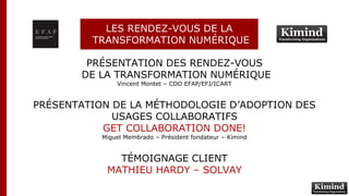 PRÉSENTATION DES RENDEZ-VOUS
DE LA TRANSFORMATION NUMÉRIQUE
Vincent Montet – CDO EFAP/EFJ/ICART
PRÉSENTATION DE LA MÉTHODOLOGIE D’ADOPTION DES
USAGES COLLABORATIFS
GET COLLABORATION DONE!
Miguel Membrado – Président fondateur – Kimind
TÉMOIGNAGE CLIENT
MATHIEU HARDY – SOLVAY
LES RENDEZ-VOUS DE LA
TRANSFORMATION NUMÉRIQUE
 