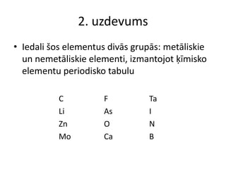 2. uzdevumsIedali šos elementus divās grupās: metāliskie un nemetāliskie elementi, izmantojot ķīmisko elementu periodisko tabulu	C		F		TaLiAs		IZn		O		NMoCa		B