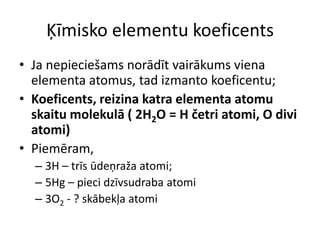 Ķīmisko elementu koeficentsJa nepieciešams norādīt vairākums viena elementa atomus, tad izmanto koeficentu;Koeficents, reizina katra elementa atomu skaitu molekulā ( 2H2O = H četri atomi, O divi atomi)Piemēram,3H – trīs ūdeņraža atomi;5Hg – pieci dzīvsudraba atomi3O2 - ? skābekļa atomi