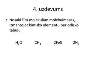 4. uzdevumsNosaki šīm molekulām molekulmasas, izmantojot ķīmisko elementu periodisko tabulu	H2O		CH42FeS2H2