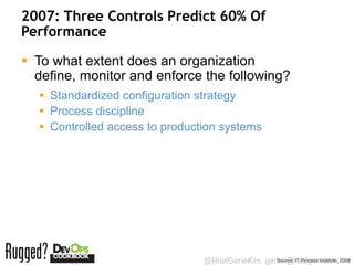 2007: Three Controls Predict 60% Of
Performance

 To what extent does an organization
  define, monitor and enforce the following?
   Standardized configuration strategy
   Process discipline
   Controlled access to production systems




                                @RealGeneKim, genek@realgenekim.me
                                                 Source: IT Process Institute, 2008
 