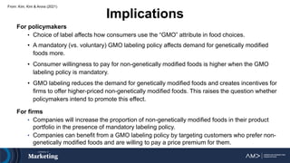 From: Kim, Kim & Arora (2021)
Implications
For policymakers
• Choice of label affects how consumers use the “GMO” attribute in food choices.
• A mandatory (vs. voluntary) GMO labeling policy affects demand for genetically modified
foods more.
• Consumer willingness to pay for non-genetically modified foods is higher when the GMO
labeling policy is mandatory.
• GMO labeling reduces the demand for genetically modified foods and creates incentives for
firms to offer higher-priced non-genetically modified foods. This raises the question whether
policymakers intend to promote this effect.
For firms
• Companies will increase the proportion of non-genetically modified foods in their product
portfolio in the presence of mandatory labeling policy.
• Companies can benefit from a GMO labeling policy by targeting customers who prefer non-
genetically modified foods and are willing to pay a price premium for them.
 
