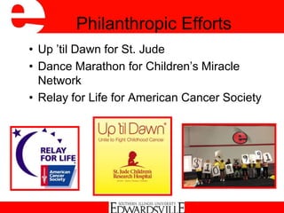 Philanthropic Efforts
• Up ’til Dawn for St. Jude
• Dance Marathon for Children’s Miracle
Network
• Relay for Life for American Cancer Society
 