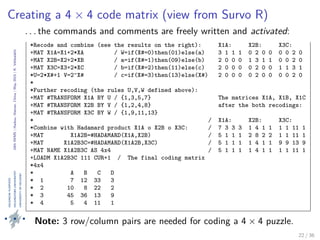 24thIWMS|Haikou,Hainan,China|May2015|K.Vehkalahti
Creating a 4 × 4 code matrix (view from Survo R)
. . . the commands and comments are freely written and activated:
+MAT #TRANSFORM XA BY FA / FA=if(J#=1)then(1)else(0) XA: XB: XC:
+MAT #TRANSFORM X2 BY F2 / F2=if(I#=2)then(1)else(0) 1 0 0 0 0 1 0 0 0 0 1 0
+MAT #TRANSFORM XB BY FB / FB=if(J#=2)then(1)else(0) 1 0 0 0 0 1 0 0 0 0 1 0
+MAT #TRANSFORM X3 BY F3 / F3=if(I#=3)then(1)else(0) 1 0 0 0 0 1 0 0 0 0 1 0
+MAT #TRANSFORM XC BY FC / FC=if(J#=3)then(1)else(0) 1 0 0 0 0 1 0 0 0 0 1 0
*
*Recode and combine (see the results on the right): X1A: X2B: X3C:
+MAT X1A=X1+2*XA / W=if(X#=0)then(01)else(a) 3 1 1 1 0 2 0 0 0 0 2 0
+MAT X2B=X2+2*XB / a=if(X#=1)then(09)else(b) 2 0 0 0 1 3 1 1 0 0 2 0
+MAT X3C=X3+2*XC / b=if(X#=2)then(11)else(c) 2 0 0 0 0 2 0 0 1 1 3 1
*U=2*X#+1 V=2^X# / c=if(X#=3)then(13)else(X#) 2 0 0 0 0 2 0 0 0 0 2 0
*
*Further recoding (the rules U,V,W defined above):
+MAT #TRANSFORM X1A BY U / {1,3,5,7} The matrices X1A, X1B, X1C
+MAT #TRANSFORM X2B BY V / {1,2,4,8} after the both recodings:
+MAT #TRANSFORM X3C BY W / {1,9,11,13}
* / X1A: X2B: X3C:
*Combine with Hadamard product X1A o X2B o X3C: / 7 3 3 3 1 4 1 1 1 1 11 1
+MAT X1A2B=#HADAMARD(X1A,X2B) / 5 1 1 1 2 8 2 2 1 1 11 1
+MAT X1A2B3C=#HADAMARD(X1A2B,X3C) / 5 1 1 1 1 4 1 1 9 9 13 9
+MAT NAME X1A2B3C AS 4x4 / 5 1 1 1 1 4 1 1 1 1 11 1
+LOADM X1A2B3C 111 CUR+1 / The final coding matrix
*4x4
* A B C D
* 1 7 12 33 3
* 2 10 8 22 2
* 3 45 36 13 9
* 4 5 4 11 1
Figure 6: Creating the coding matrix for a 4 × 4 Survo puzzle.
Note: 3 row/column pairs are needed for coding a 4 × 4 puzzle.
22 / 36
 