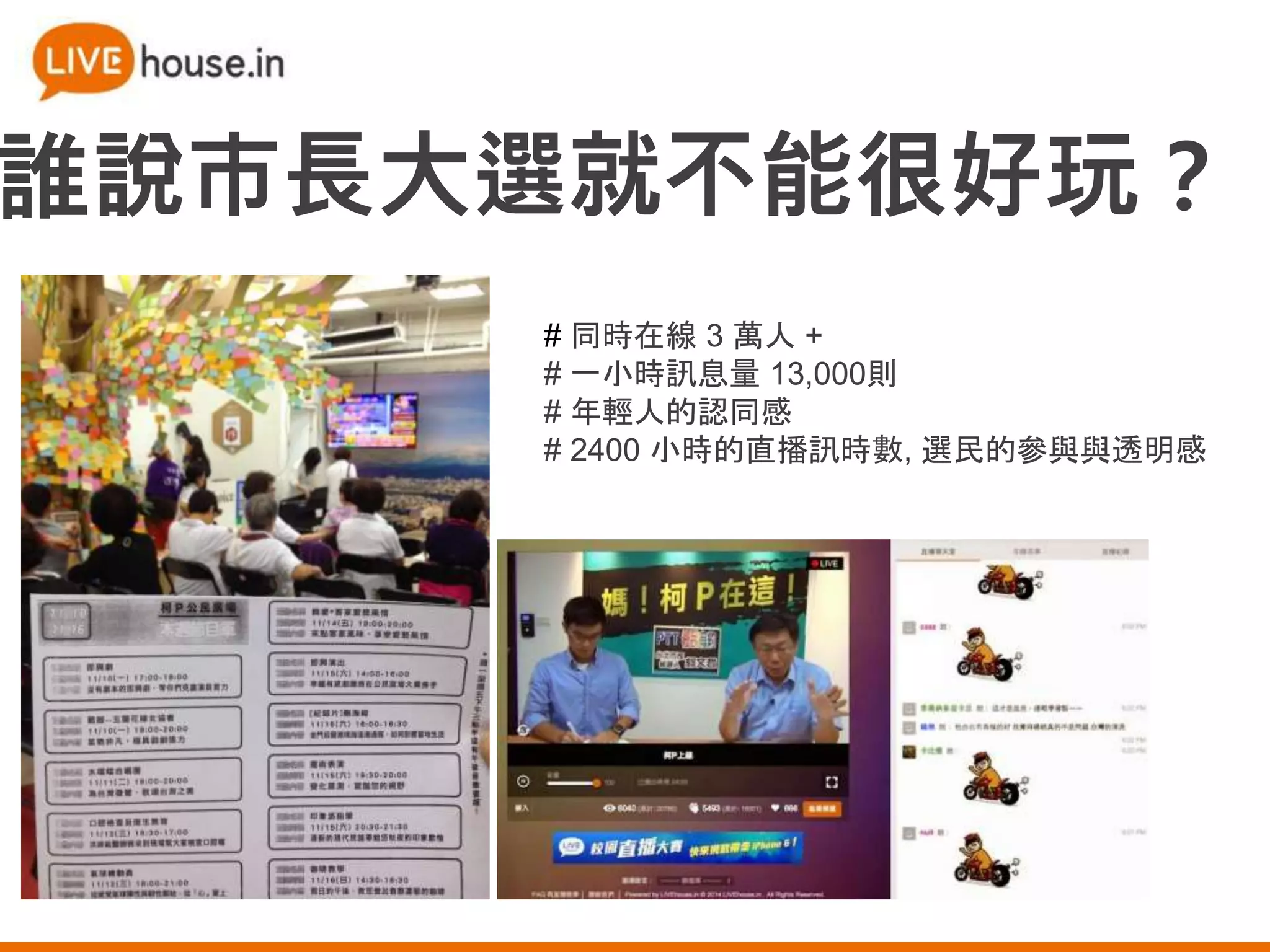 誰說市長大選就不能很好玩？
# 同時在線 3 萬人 +
# 一小時訊息量 13,000則
# 年輕人的認同感
# 2400 小時的直播訊時數, 選民的參與與透明感
 