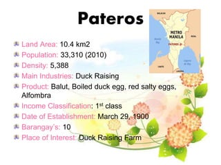 Pateros
Land Area: 10.4 km2
Population: 33,310 (2010)
Density: 5,388
Main Industries: Duck Raising
Product: Balut, Boiled duck egg, red salty eggs,
Alfombra
Income Classification: 1st class
Date of Establishment: March 29, 1900
Barangay’s: 10
Place of Interest: Duck Raising Farm
 