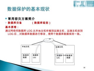 30
 常用容灾方案简介
 数据库灾备 （数据库级别）
基本原理：
通过网络将数据库 LOG 从本地主机传输到远端主机，远端主机收到
LOG 后，对数据库数据进行修改，使两个数据库数据保持一致。
本地主机
数据库
数据
数据库
LOG
远端主机
数据库
LOG
数据库
数据
30
 