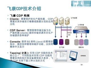 54
 飞康 CDP 构架
 Clients: 需要保护的生产服务器， CDP
需要对其存储进行镜像或数据分流的应用
主机
 CDP Server: 管理物理存储设备为生
产服务器 (clients) 提供存储资源并对生产
存储提供各种保护
 Console: 使用 BS 架构 (Java) 的管理控
制台，提供各种管理和维护功能，支持简
繁体中文显示
 Tapping( 分流 ): 实现 CDP 功能的技术
核心之一，不同的技术实现 CDP 功能所
需要采用的拓扑和设备都有较大差异，飞
康 CDP 支持下面三种分流的方式
54
 