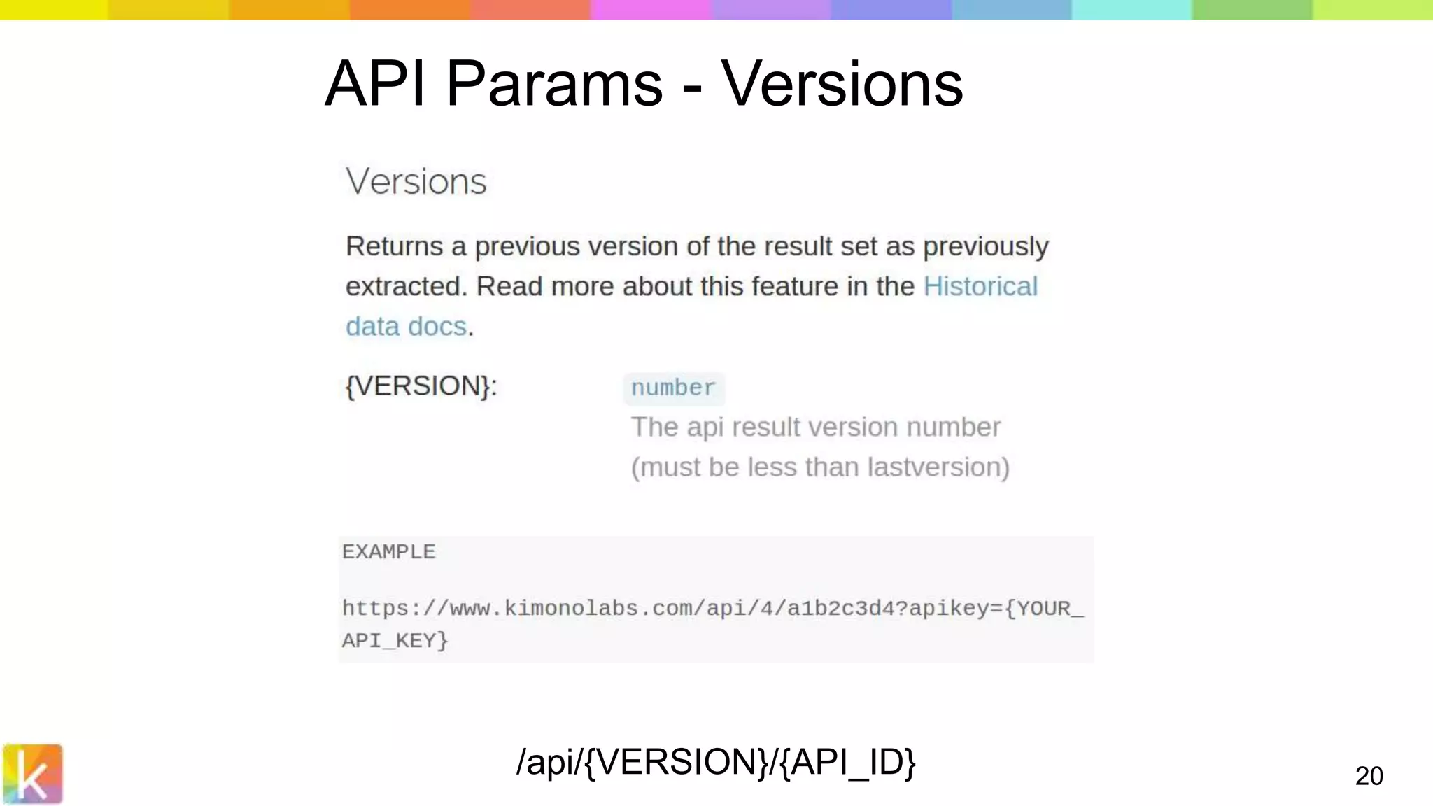 /api/{VERSION}/{API_ID} 20
API Params - Versions
 