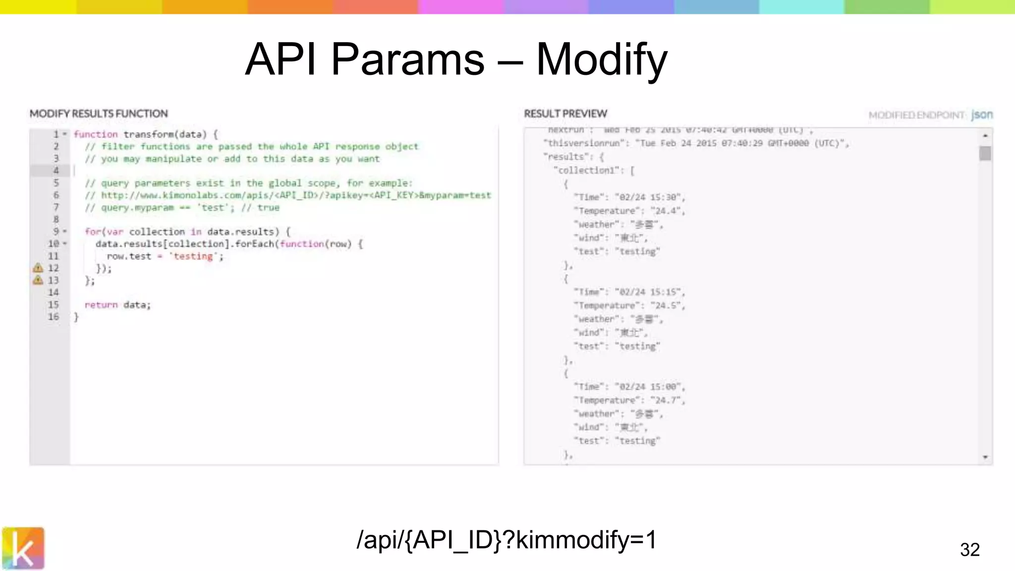 /api/{API_ID}?kimmodify=1 32
API Params – Modify
 