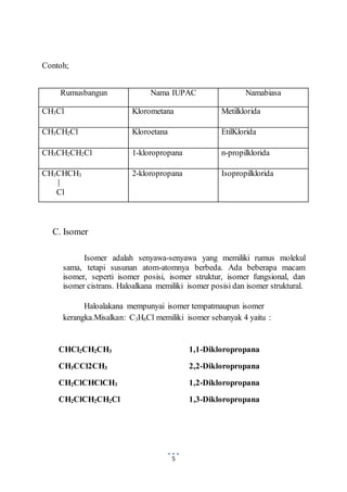 5 
Contoh; 
Rumusbangun Nama IUPAC Namabiasa 
CH3Cl Klorometana Metilklorida 
CH3CH2Cl Kloroetana EtilKlorida 
CH3CH2CH2Cl 1-kloropropana n-propilklorida 
CH3CHCH3 
Cl 
2-kloropropana Isopropilklorida 
C. Isomer 
Isomer adalah senyawa-senyawa yang memiliki rumus molekul 
sama, tetapi susunan atom-atomnya berbeda. Ada beberapa macam 
isomer, seperti isomer posisi, isomer struktur, isomer fungsional, dan 
isomer cistrans. Haloalkana memiliki isomer posisi dan isomer struktural. 
Haloalakana mempunyai isomer tempatmaupun isomer 
kerangka.Misalkan: C3H6Cl memiliki isomer sebanyak 4 yaitu : 
CHCl2CH2CH3 1,1-Dikloropropana 
CH3CCl2CH3 2,2-Dikloropropana 
CH2ClCHClCH3 1,2-Dikloropropana 
CH2ClCH2CH2Cl 1,3-Dikloropropana 
 