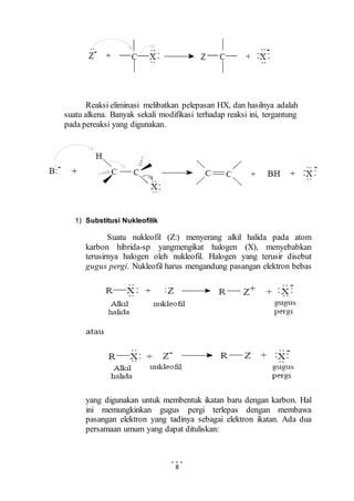 Reaksi eliminasi melibatkan pelepasan HX, dan hasilnya adalah 
suatu alkena. Banyak sekali modifikasi terhadap reaksi ini, tergantung 
pada pereaksi yang digunakan. 
8 
1) Substitusi Nukleofilik 
Suatu nukleofil (Z:) menyerang alkil halida pada atom 
karbon hibrida-sp yangmengikat halogen (X), menyebabkan 
terusirnya halogen oleh nukleofil. Halogen yang terusir disebut 
gugus pergi. Nukleofil harus mengandung pasangan elektron bebas 
yang digunakan untuk membentuk ikatan baru dengan karbon. Hal 
ini memungkinkan gugus pergi terlepas dengan membawa 
pasangan elektron yang tadinya sebagai elektron ikatan. Ada dua 
persamaan umum yang dapat dituliskan: 
 