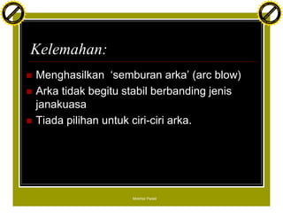 F T ra n sf o                                                                             F T ra n sf o
          PD                   rm                                                                   PD                   rm
      Y                                                                                         Y
 Y




                                                                                           Y
                                er




                                                                                                                          er
ABB




                                                                                          ABB
                          y




                                                                                                                    y
                       bu




                                                                                                                 bu
                                    2.0




                                                                                                                              2.0
                     to




                                                                                                               to
                  re




                                                                                                            re
                he




                                                                                                          he
           k




                                                                                                     k
          lic




                                                                                                    lic
      C




                                                                                                C
      w                        om                                                               w                        om
  w




                                                                                            w
          w.                                                                                        w.
               A B B Y Y.c                                                                               A B B Y Y.c




                                          Kelemahan:
                                          n   Menghasilkan ‘semburan arka’ (arc blow)
                                          n   Arka tidak begitu stabil berbanding jenis
                                              janakuasa
                                          n   Tiada pilihan untuk ciri-ciri arka.




                                                                 Mokhtar Padeli
 