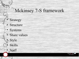Mckinsey 7-S framework Strategy Structure Systems Share values Style Skills Staff 