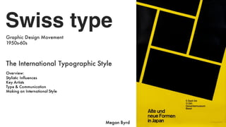 Swiss type
The International Typographic Style
Graphic Design Movement
1950s-60s
Overview:
Stylistic Influences
Key Artists
Type & Communication
Making an International Style
Megan Byrd
 