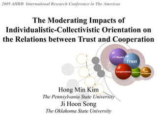 2009 AHRD  International Research Conference in The Americas The Moderating Impacts of Individualistic-Collectivistic Orientation on the Relations between Trust and Cooperation I-C Model Trust Cooperation Organization TeamDevelopment Hong Min Kim The Pennsylvania State University JiHoon Song The Oklahoma State University 