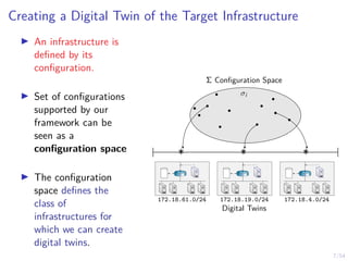 7/54
Creating a Digital Twin of the Target Infrastructure
I An infrastructure is
defined by its
configuration.
I Set of configurations
supported by our
framework can be
seen as a
configuration space
I The configuration
space defines the
class of
infrastructures for
which we can create
digital twins.
Σ Configuration Space
σi
*
* *
172.18.4.0/24
172.18.19.0/24
172.18.61.0/24
Digital Twins
R1 R1 R1
 