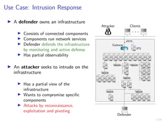 2/54
Use Case: Intrusion Response
I A defender owns an infrastructure
I Consists of connected components
I Components run network services
I Defender defends the infrastructure
by monitoring and active defense
I Has partial observability
I An attacker seeks to intrude on the
infrastructure
I Has a partial view of the
infrastructure
I Wants to compromise specific
components
I Attacks by reconnaissance,
exploitation and pivoting
Attacker Clients
. . .
Defender
1 IPS
1
alerts
Gateway
7 8 9 10 11
6
5
4
3
2
12
13 14 15 16
17
18
19
21
23
20
22
24
25 26
27 28 29 30 31
 