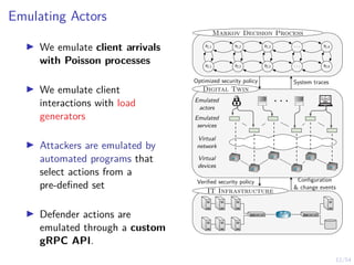 12/54
Emulating Actors
I We emulate client arrivals
with Poisson processes
I We emulate client
interactions with load
generators
I Attackers are emulated by
automated programs that
select actions from a
pre-defined set
I Defender actions are
emulated through a custom
gRPC API.
Markov Decision Process
s1,1 s1,2 s1,3 . . . s1,4
s2,1 s2,2 s2,3 . . . s2,4
Digital Twin
. . .
Virtual
network
Virtual
devices
Emulated
services
Emulated
actors
IT Infrastructure
Configuration
& change events
System traces
Verified security policy
Optimized security policy
 