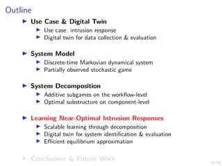 14/54
Outline
I Use Case & Digital Twin
I Use case: intrusion response
I Digital twin for data collection & evaluation
I System Model
I Discrete-time Markovian dynamical system
I Partially observed stochastic game
I System Decomposition
I Additive subgames on the workflow-level
I Optimal substructure on component-level
I Learning Near-Optimal Intrusion Responses
I Scalable learning through decomposition
I Digital twin for system identification & evaluation
I Efficient equilibrium approximation
I Conclusions & Future Work
 