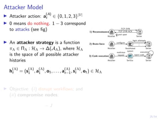 25/54
Attacker Model
I Attacker action: a
(A)
t ∈ {0, 1, 2, 3}|V|
I 0 means do nothing. 1 − 3 correspond
to attacks (see fig)
I An attacker strategy is a function
πA ∈ ΠA : HA → ∆(AA), where HA
is the space of all possible attacker
histories
h
(A)
t = (s
(A)
1 , a
(A)
1 , o1, . . . , a
(A)
t−1, s
(A)
t , ot) ∈ HA
I Objective: (i) disrupt workflows; and
(ii) compromise nodes:
− J
.
.
.
Attacker
login attempts
configure
Automated
system
Server
2) Brute-force
1) Reconnaissance
3) Code execution
Attacker Server
TCP SYN
TCP SYN ACK
port open
Attacker Service Server
malicious
request inject code
execution
 