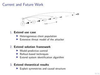 54/54
Current and Future Work
Time
st
st+1
st+2
st+3
. . .
rt+1
rt+2
rt+3
rrT
1. Extend use case
I Heterogeneous client population
I Extensive threat model of the attacker
2. Extend solution framework
I Model-predictive control
I Rollout-based techniques
I Extend system identification algorithm
3. Extend theoretical results
I Exploit symmetries and causal structure
 